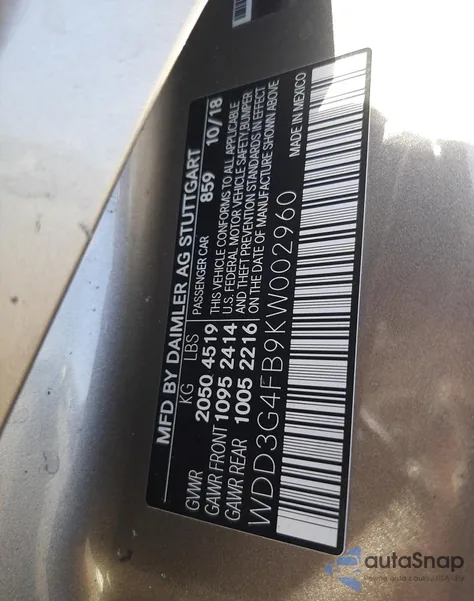 2019 Mercedes-Benz A 220 4Matic from USA, damaged, VIN WDD3G4FB9KW002960